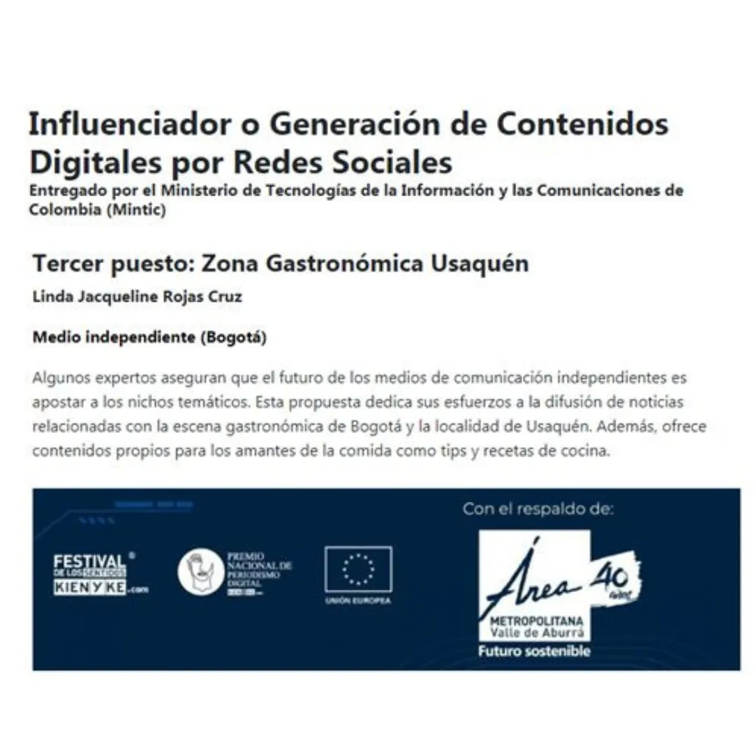Certificado categoría Influenciador o Generación de Contenidos Digitales por Redes Sociales — Tercer puesto Zona Gastronómica Usaquén