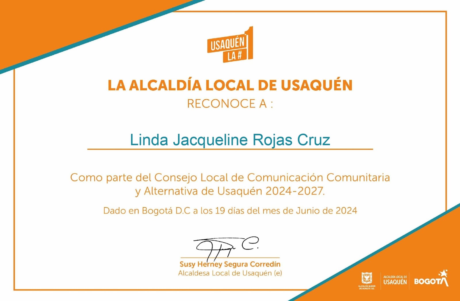 Certificado de la Alcaldía Local de Usaquén a Linda Jacqueline Rojas Cruz — Consejo Local de Comunicación Comunitaria y Alternativa de Usaquén 2024-2027
