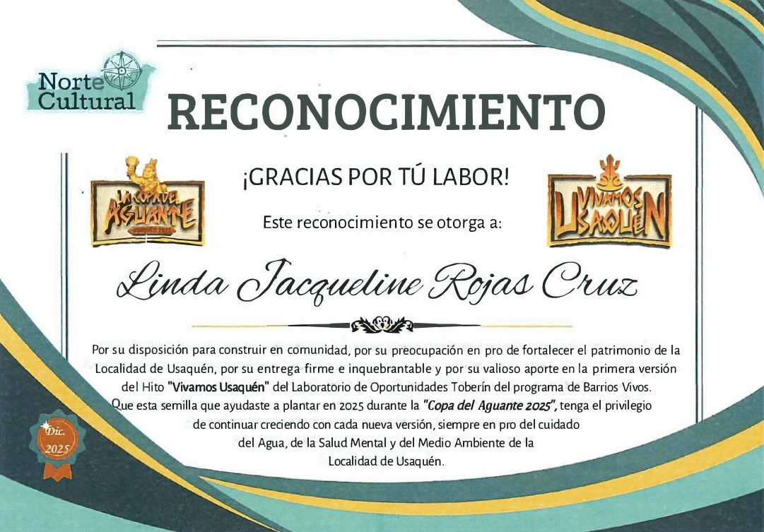 Certificado de Reconocimiento de la Fundación Norte Cultural de Usaquén a Linda Jacqueline Rojas Cruz — Copa del Aguante 2025
