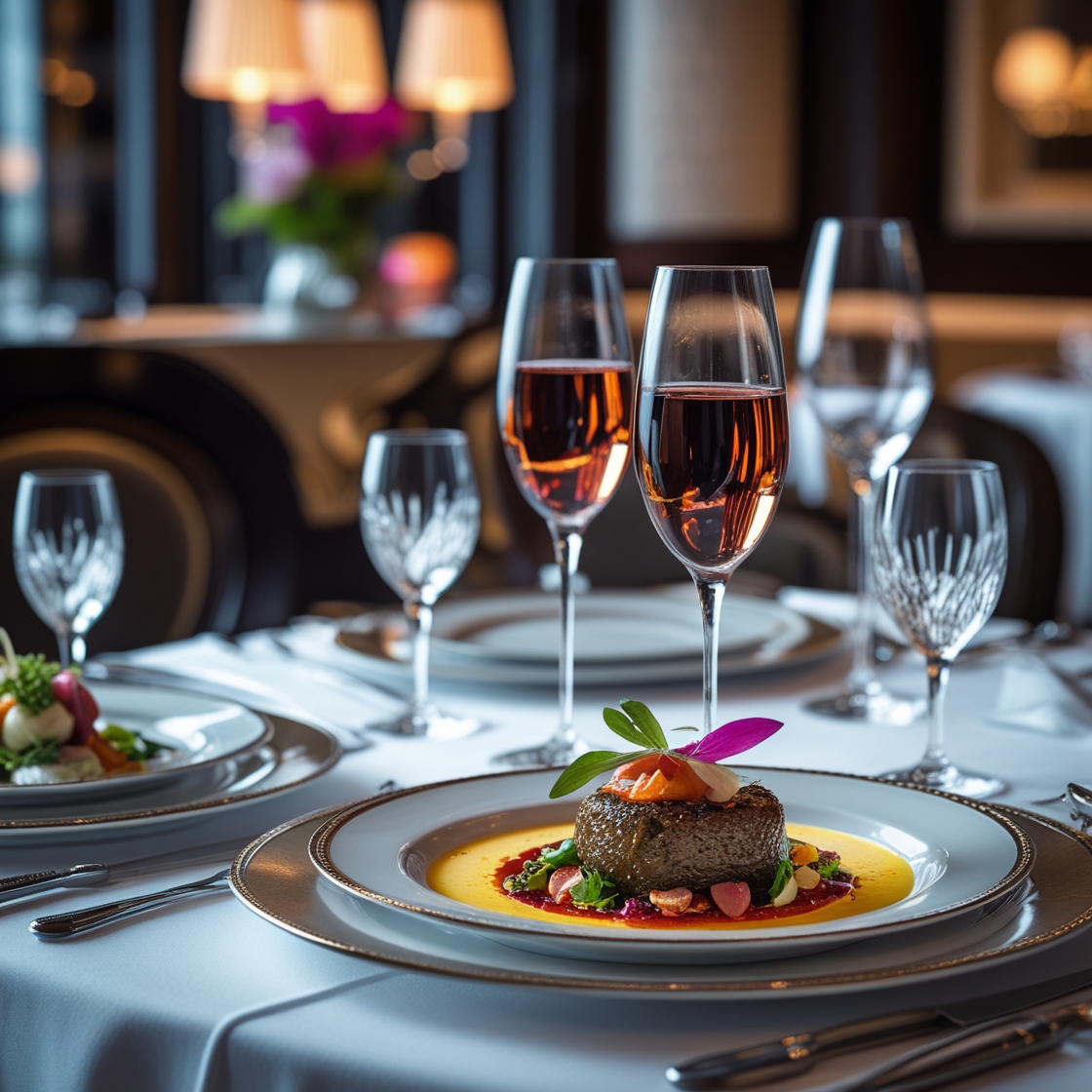 Mesa de restaurante en el Norte de Bogotá con platos gourmet